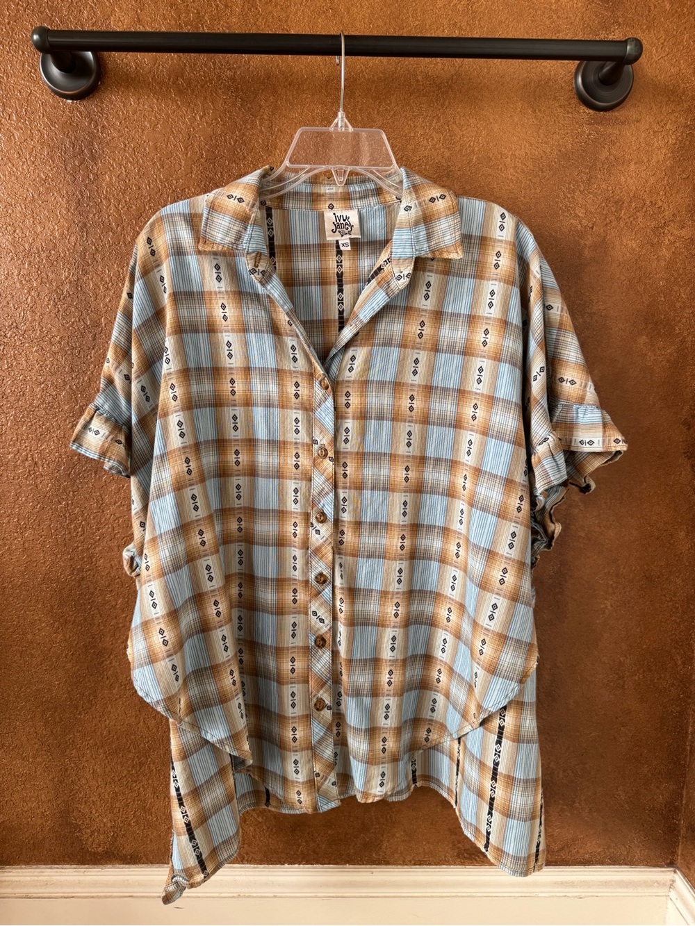 Ivy Jane Brown Blue White Plaid Ruffle Trim Button Up Oversized Poncho Top XS